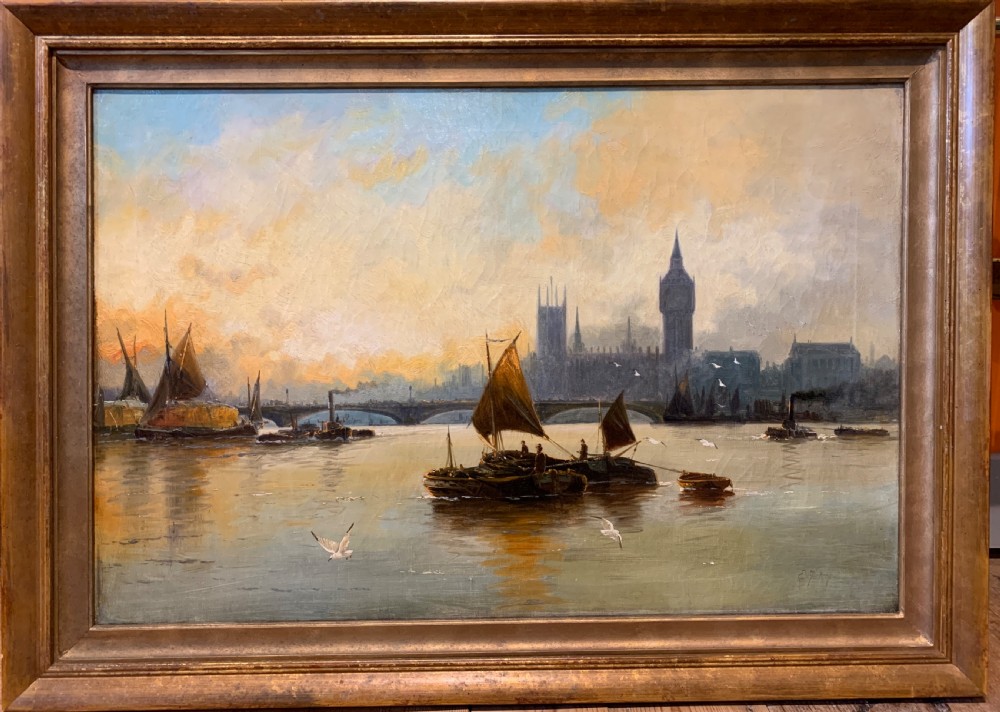Edwin Henry Eugene Fletcher a pair of oil paintings of the Thames looking towards Parliament and another of the Thames Estuary