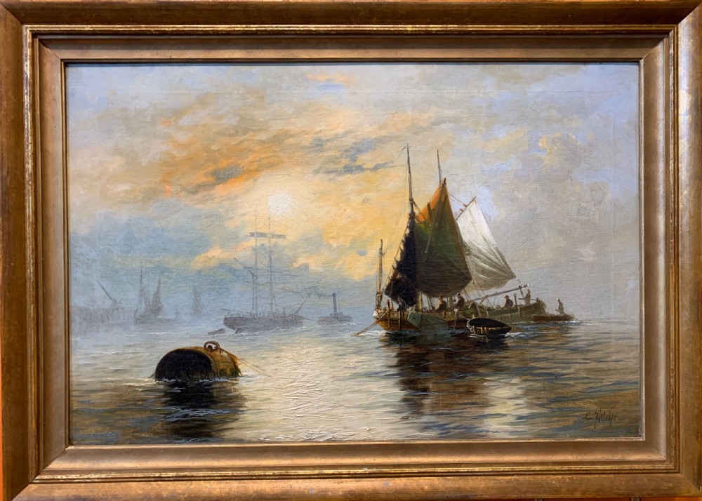 Edwin Henry Eugene Fletcher a pair of oil paintings of the Thames looking towards Parliament and another of the Thames Estuary View II