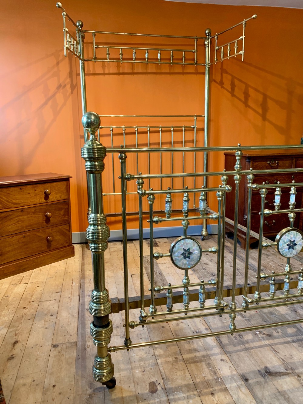 Good quality Victorian half tester brass double bed attributed to JAS Shoolbred View II