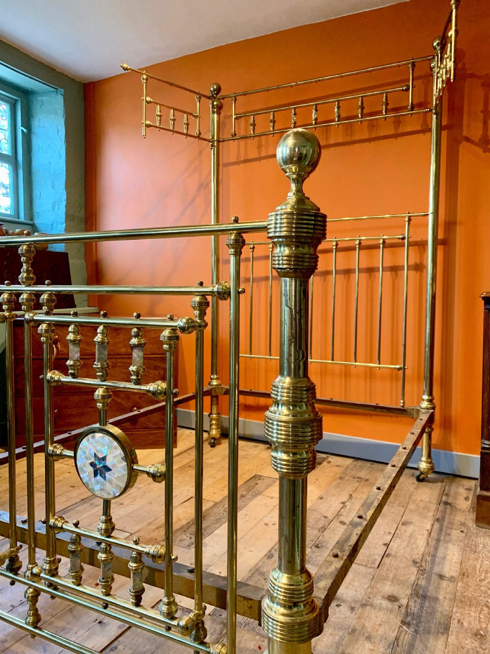 Good quality Victorian half tester brass double bed attributed to JAS Shoolbred View III