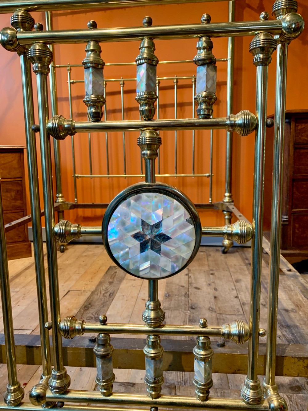 Good quality Victorian half tester brass double bed attributed to JAS Shoolbred View V