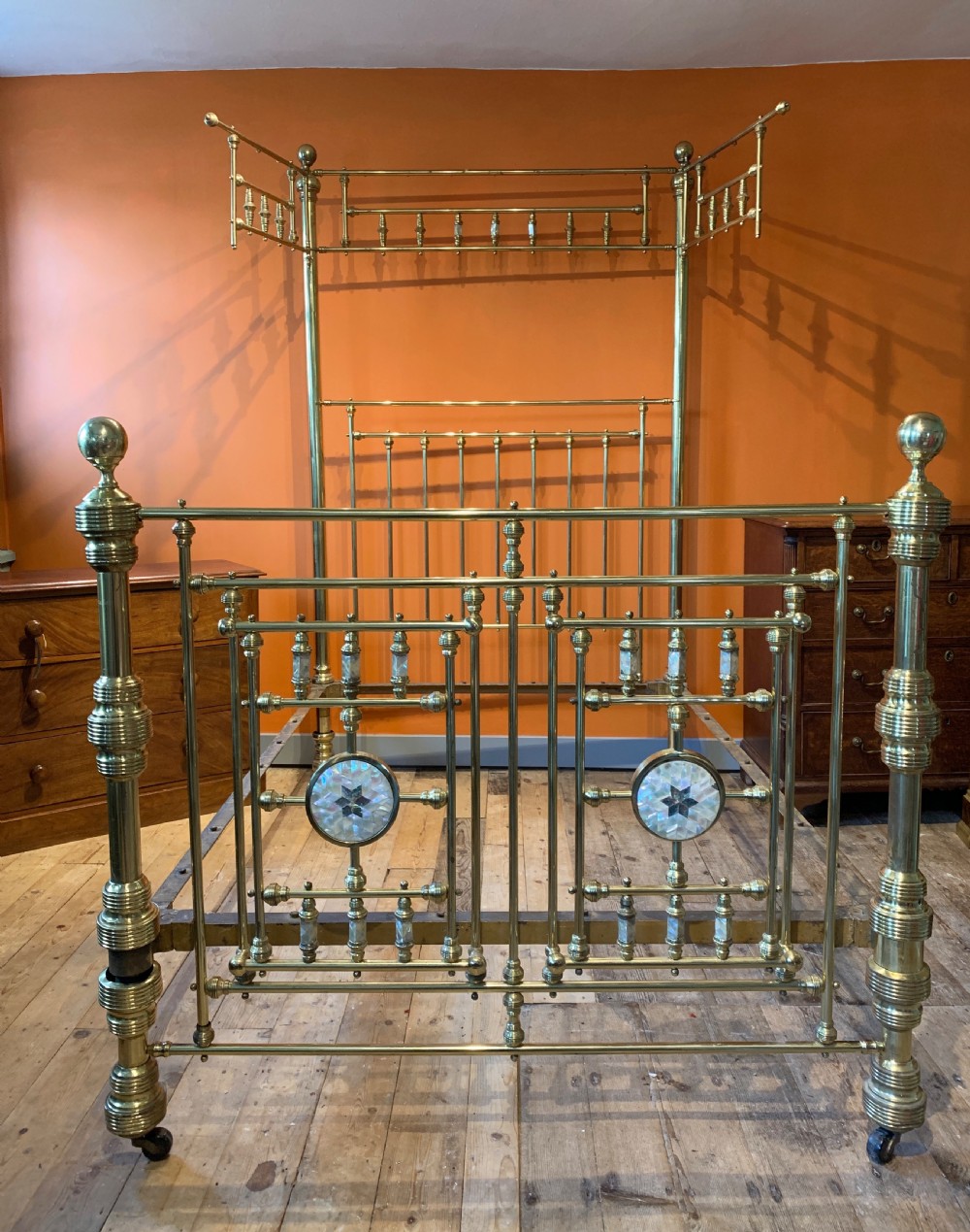 Good quality Victorian half tester brass double bed attributed to JAS Shoolbred View VI