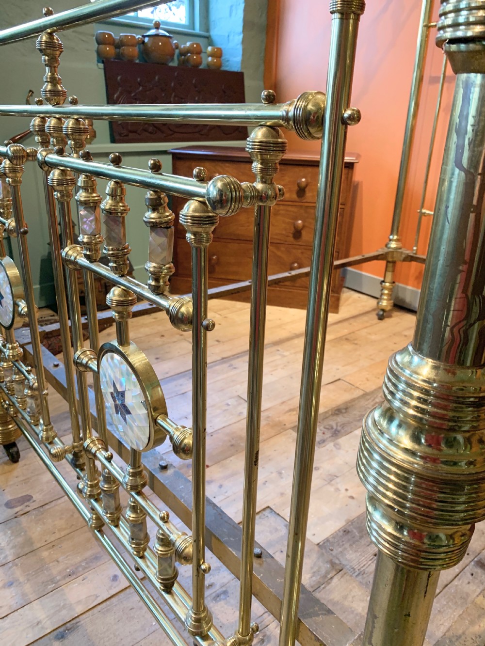 Good quality Victorian half tester brass double bed attributed to JAS Shoolbred View VII