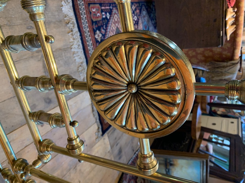 Good quality Victorian half tester brass double bed attributed to JAS Shoolbred View VIII