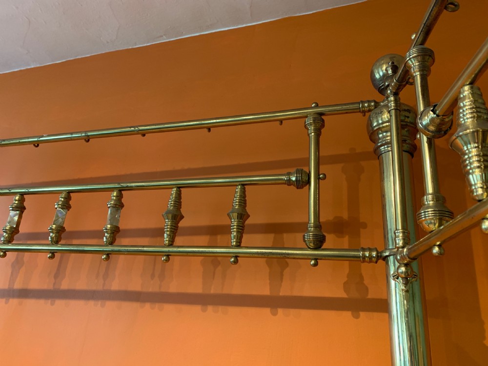 Good quality Victorian half tester brass double bed attributed to JAS Shoolbred View XI
