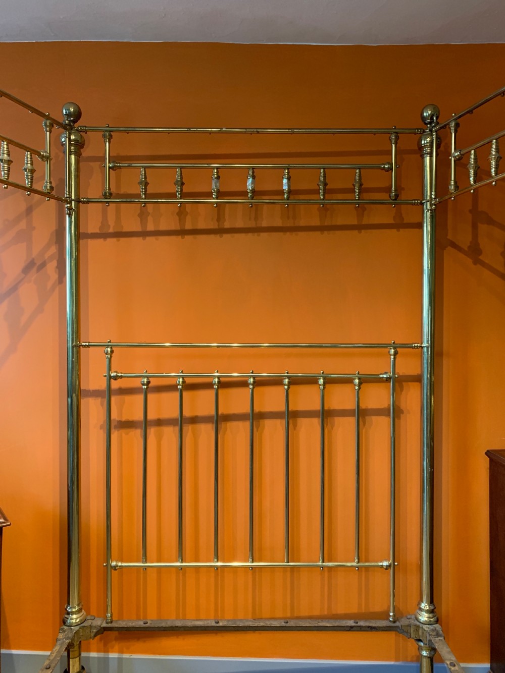 Good quality Victorian half tester brass double bed attributed to JAS Shoolbred View XII