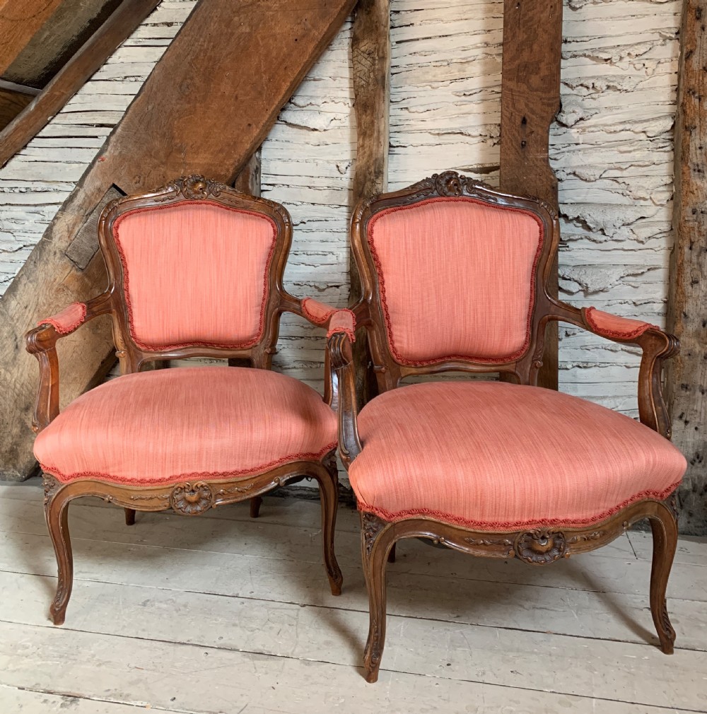 Pair of French Louis XV style fauteuil open armchairs
