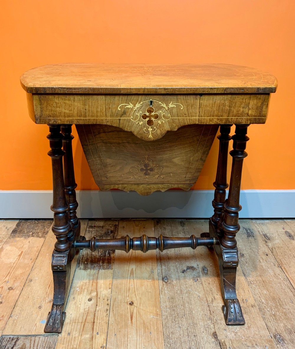Victorian inlaid walnut sewing work table View II