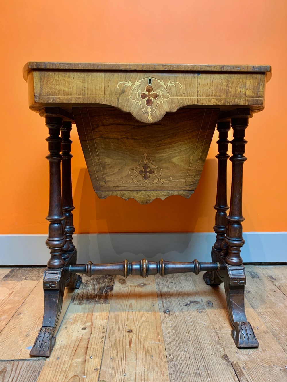Victorian inlaid walnut sewing work table View III