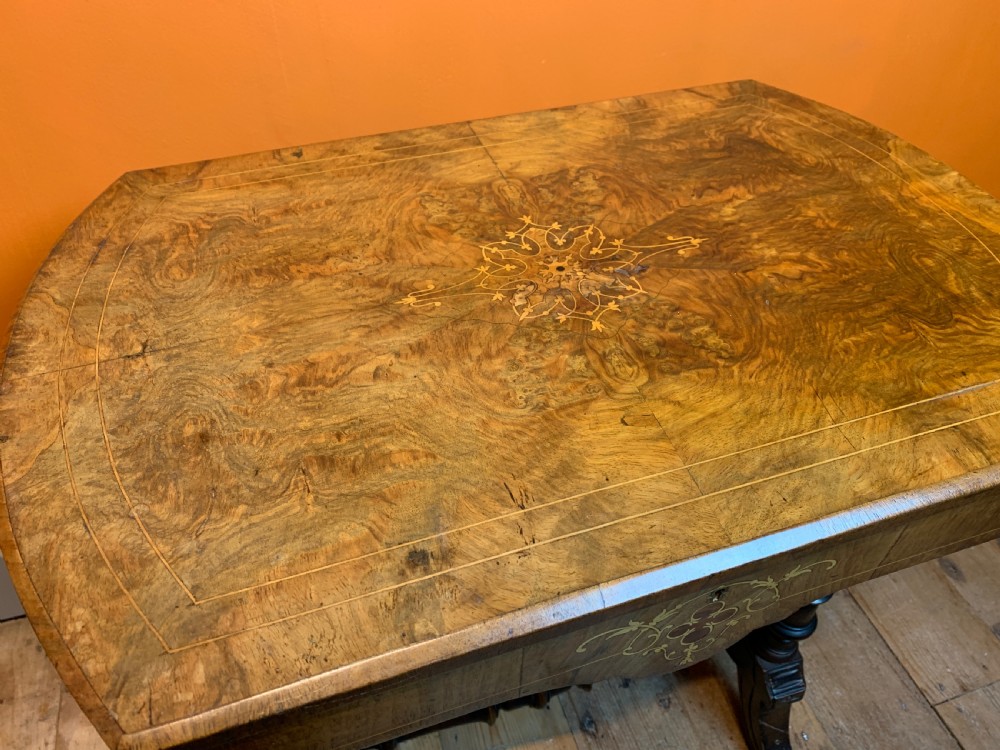Victorian inlaid walnut sewing work table View VI