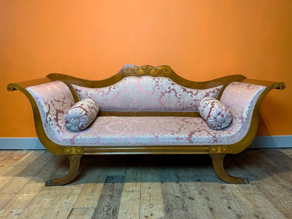 Scandinavian two seat scroll end inlaid walnut sofa in Empire taste View II