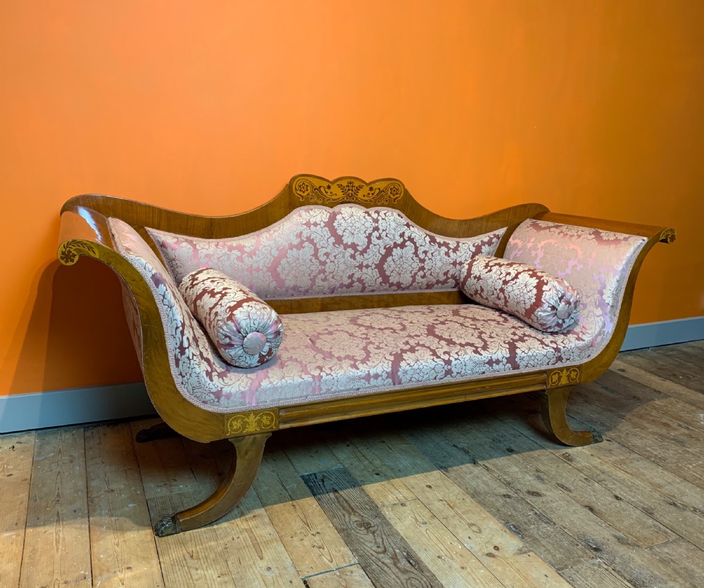Scandinavian two seat scroll end inlaid walnut sofa in Empire taste View III
