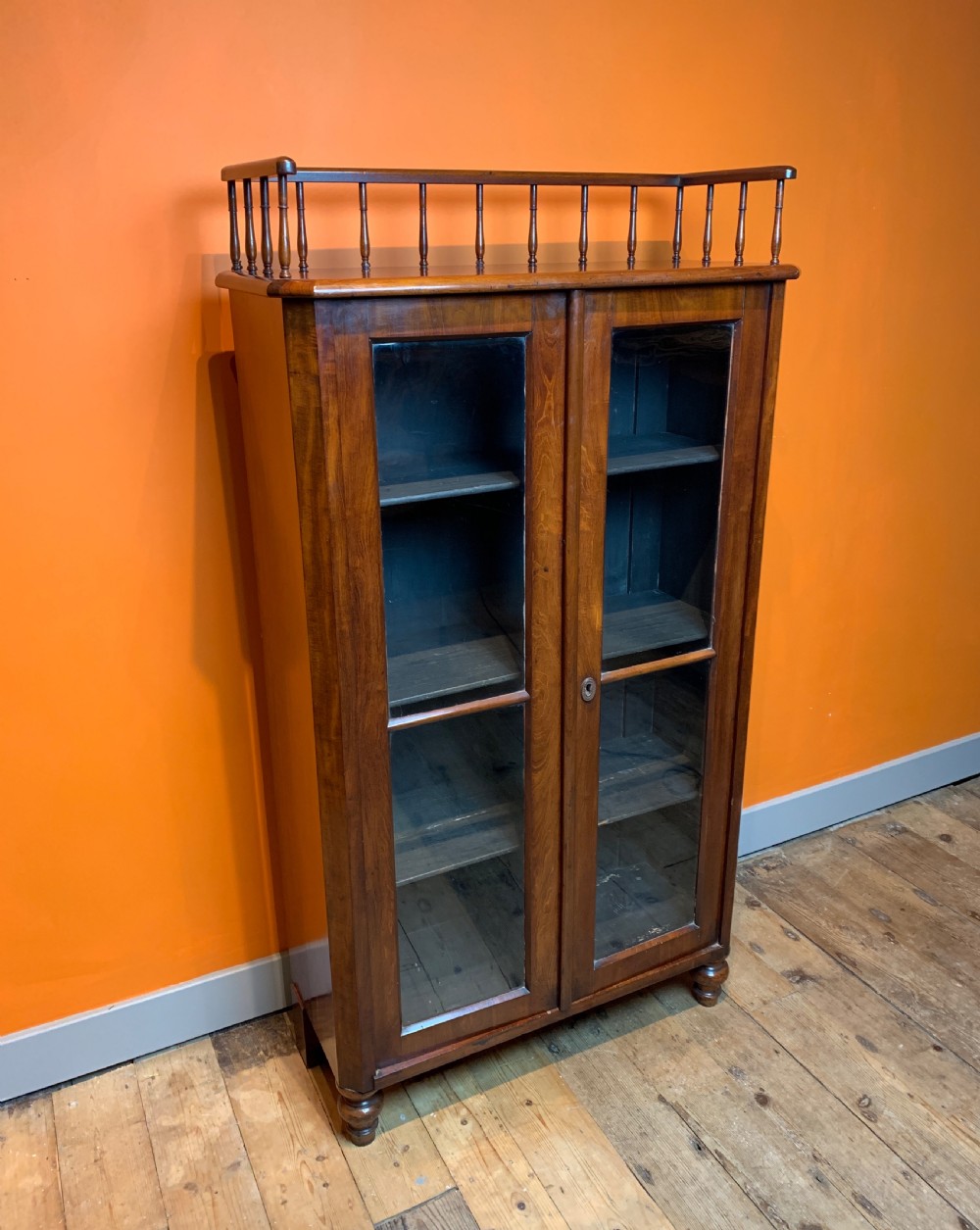 Continental mahogany glazed bookcase cabinet with gallery top View II