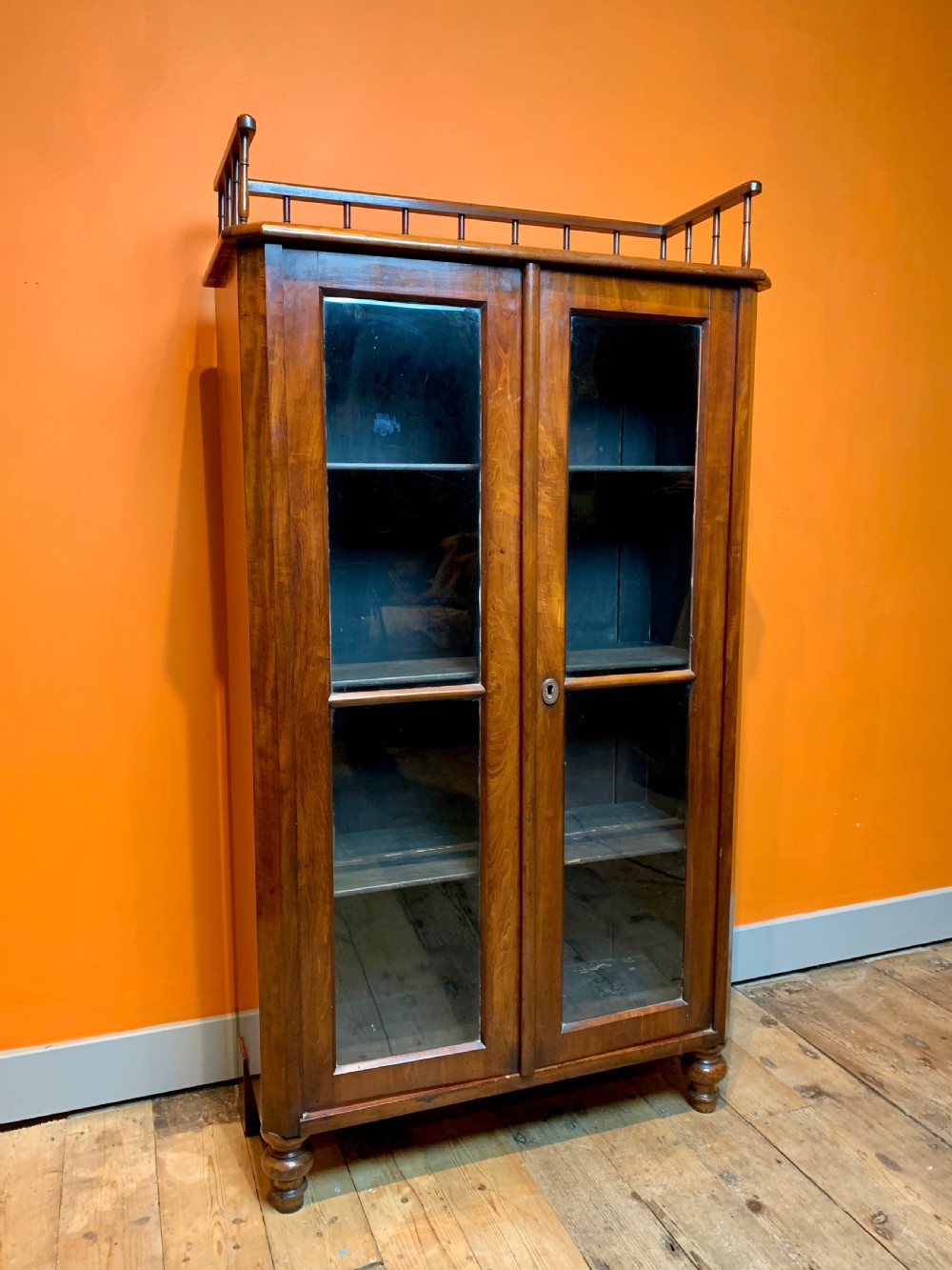 Continental mahogany glazed bookcase cabinet with gallery top View III