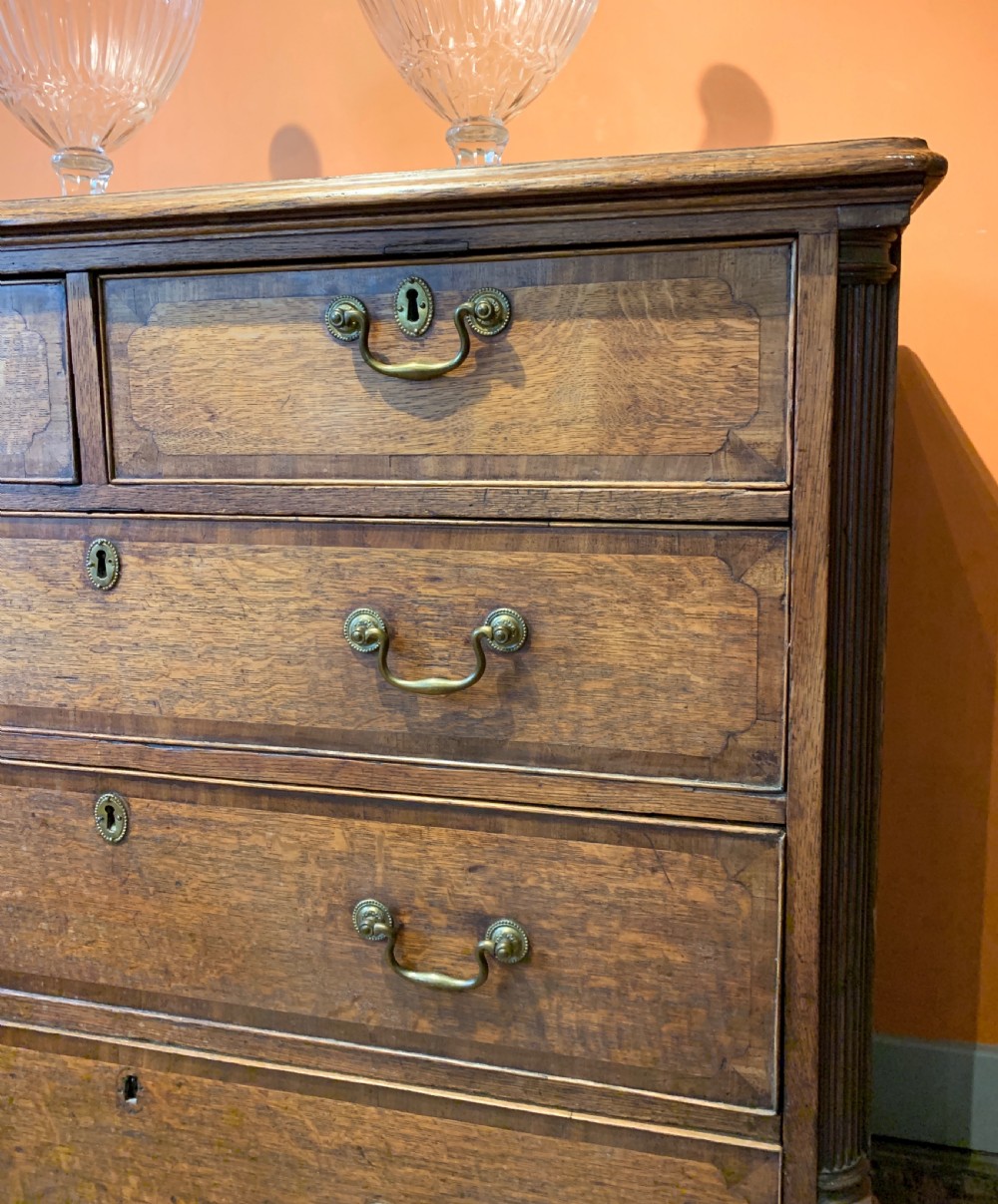 Georgian cross-banded oak & mahogany chest of drawers with column corners View III