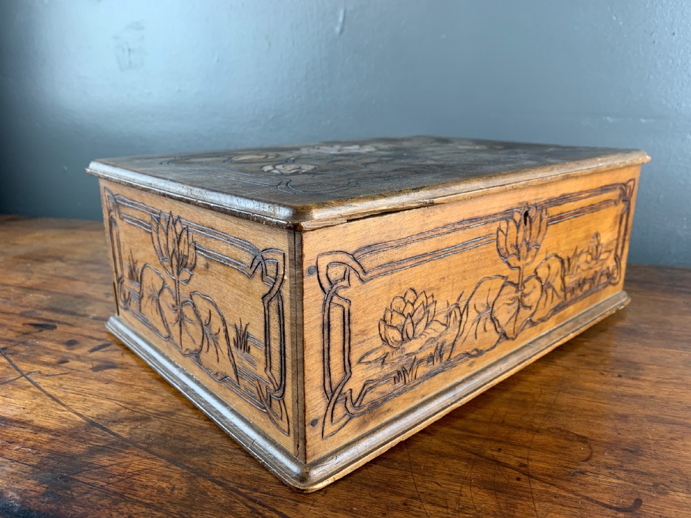 German Art Nouveau Jugendstil Carved Wooden Box View VI
