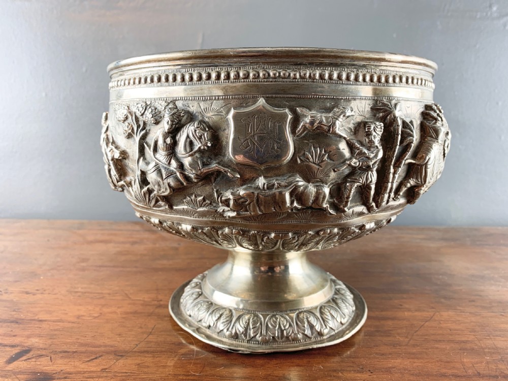 Large Antique Indian repouse silver rose bowl with a hunting scene
