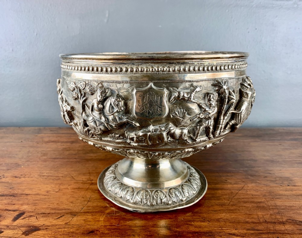 Large Antique Indian repouse silver rose bowl with a hunting scene View II