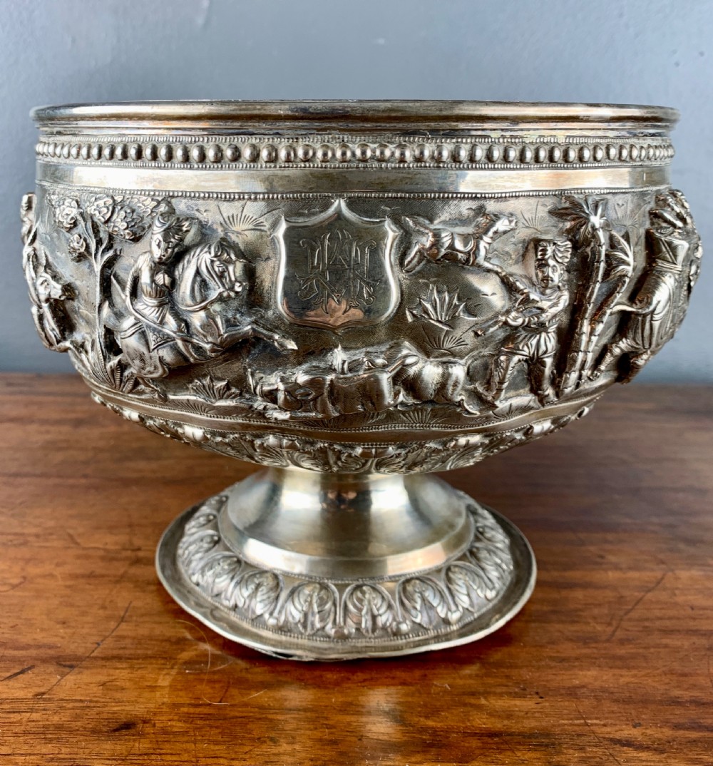 Large Antique Indian repouse silver rose bowl with a hunting scene View III