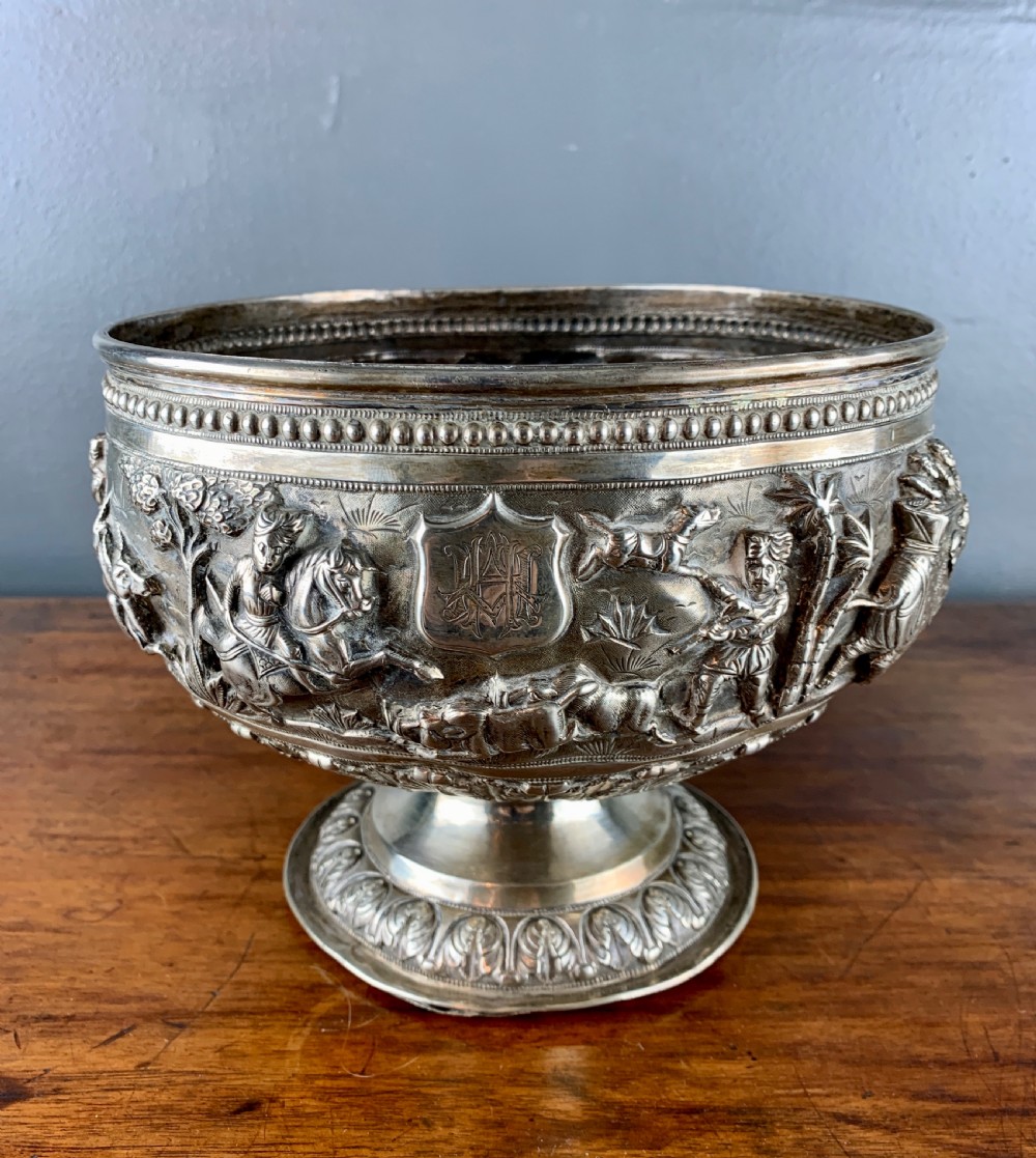 Large Antique Indian repouse silver rose bowl with a hunting scene View IV