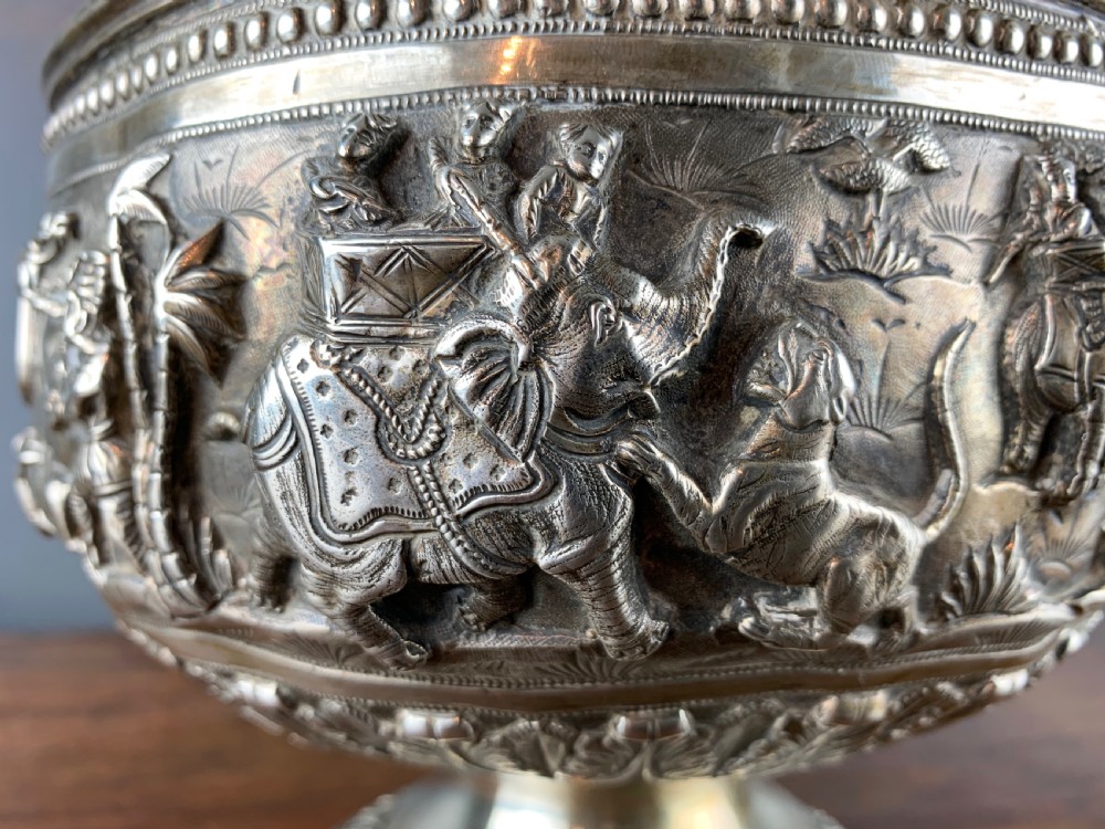 Large Antique Indian repouse silver rose bowl with a hunting scene View V