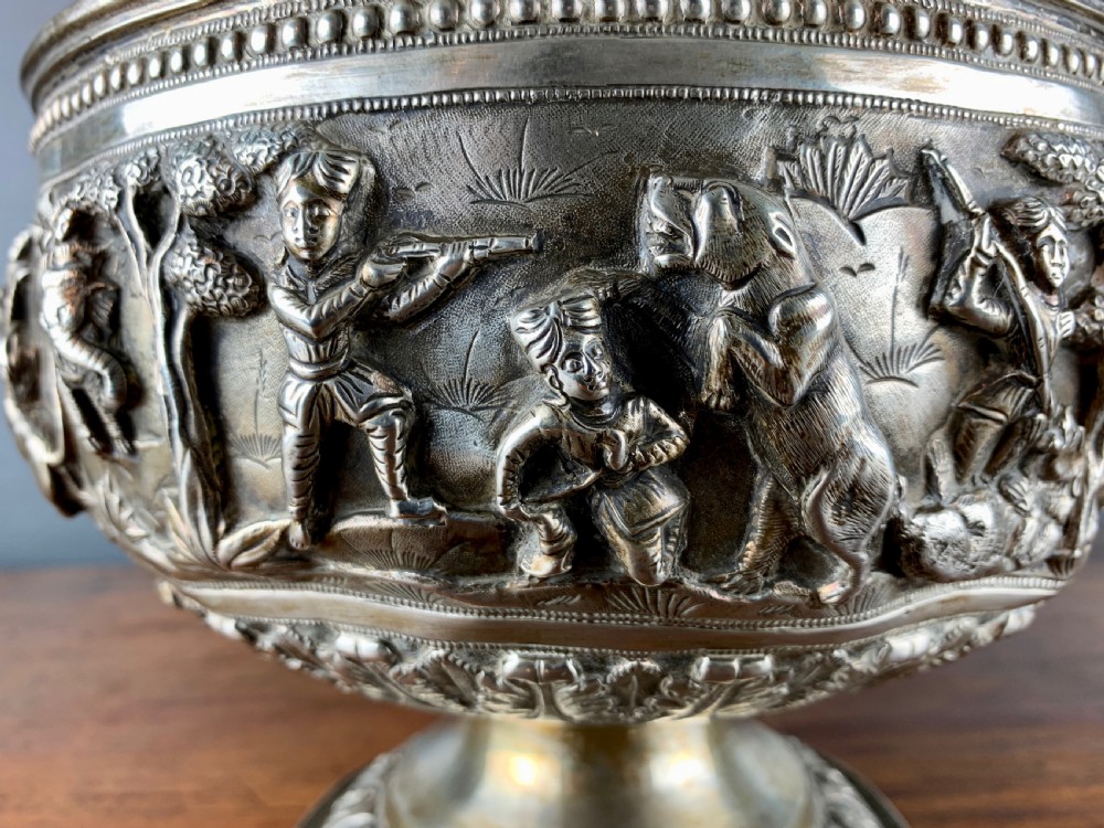 Large Antique Indian repouse silver rose bowl with a hunting scene View VI