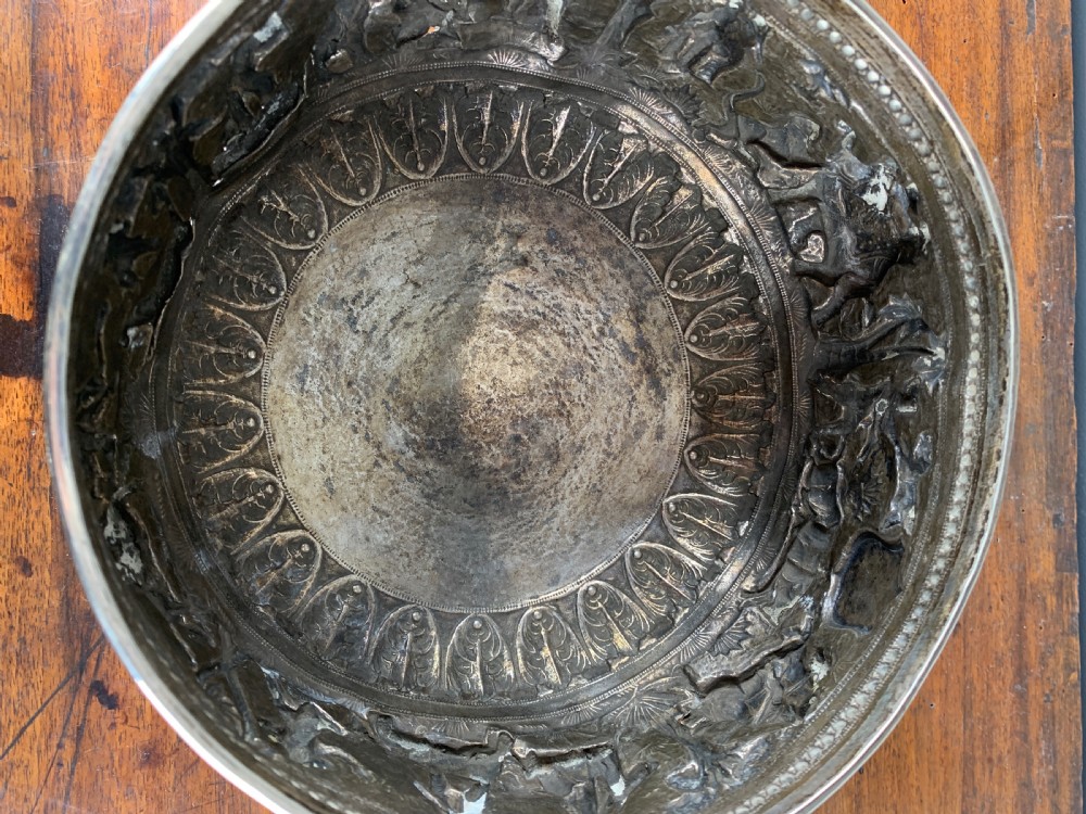 Large Antique Indian repouse silver rose bowl with a hunting scene View VII