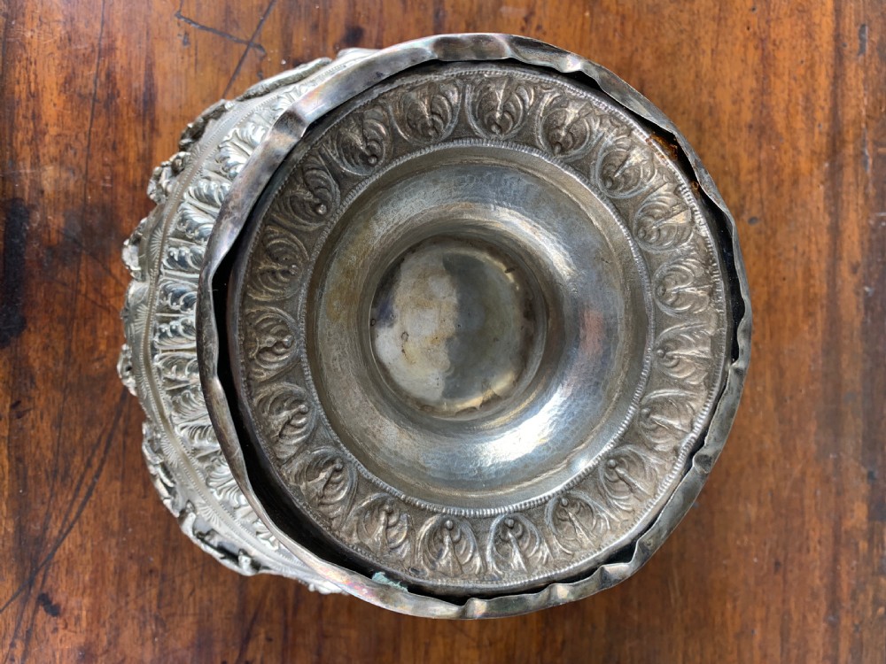 Large Antique Indian repouse silver rose bowl with a hunting scene View VIII