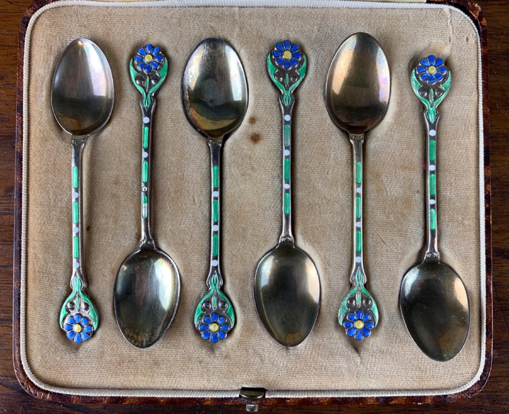 Antique Art Nouveau silver & enamel teaspoons  View III