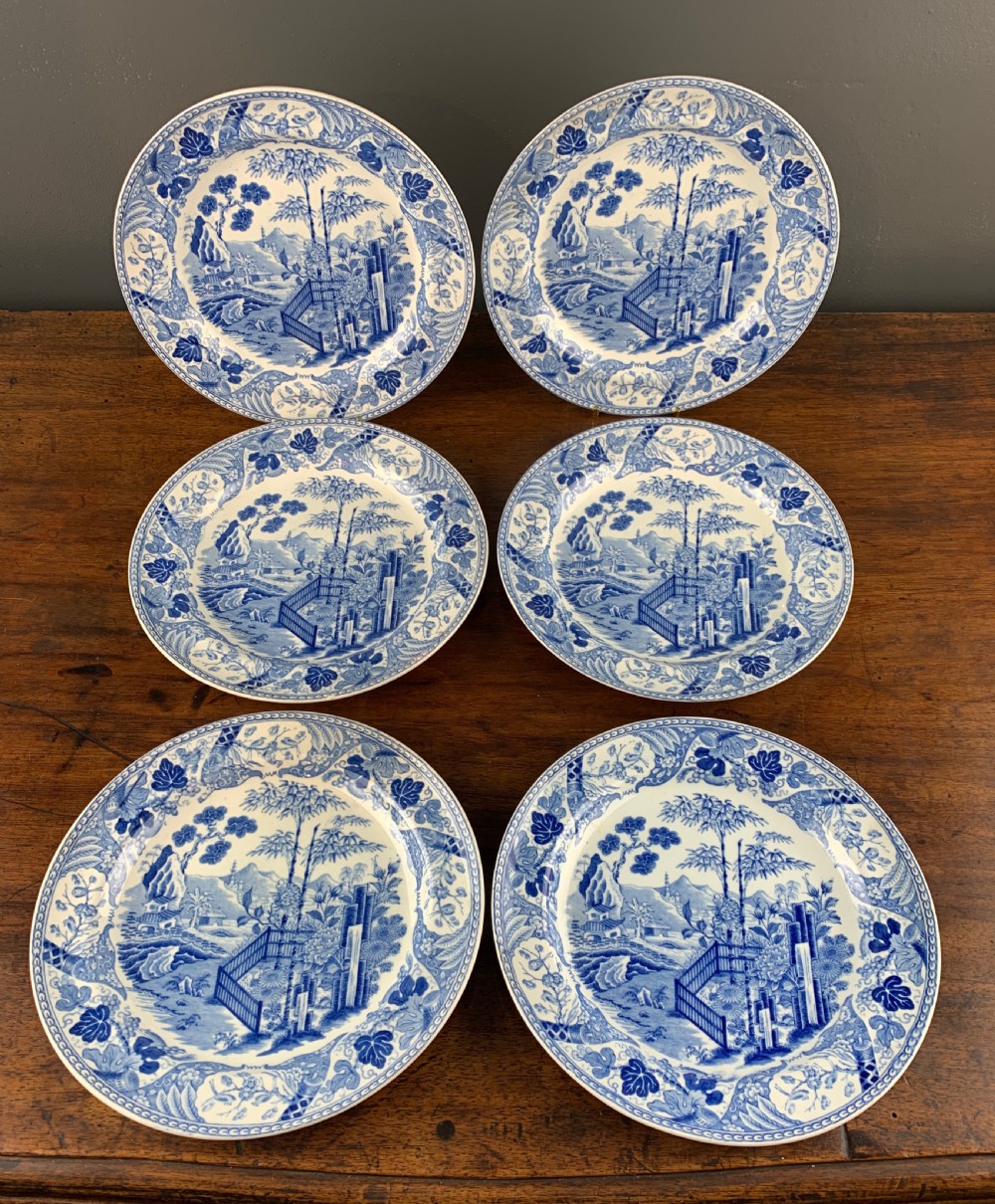 Six Wedgwood Pearlware blue & white plates in Blue Palisade pattern View III