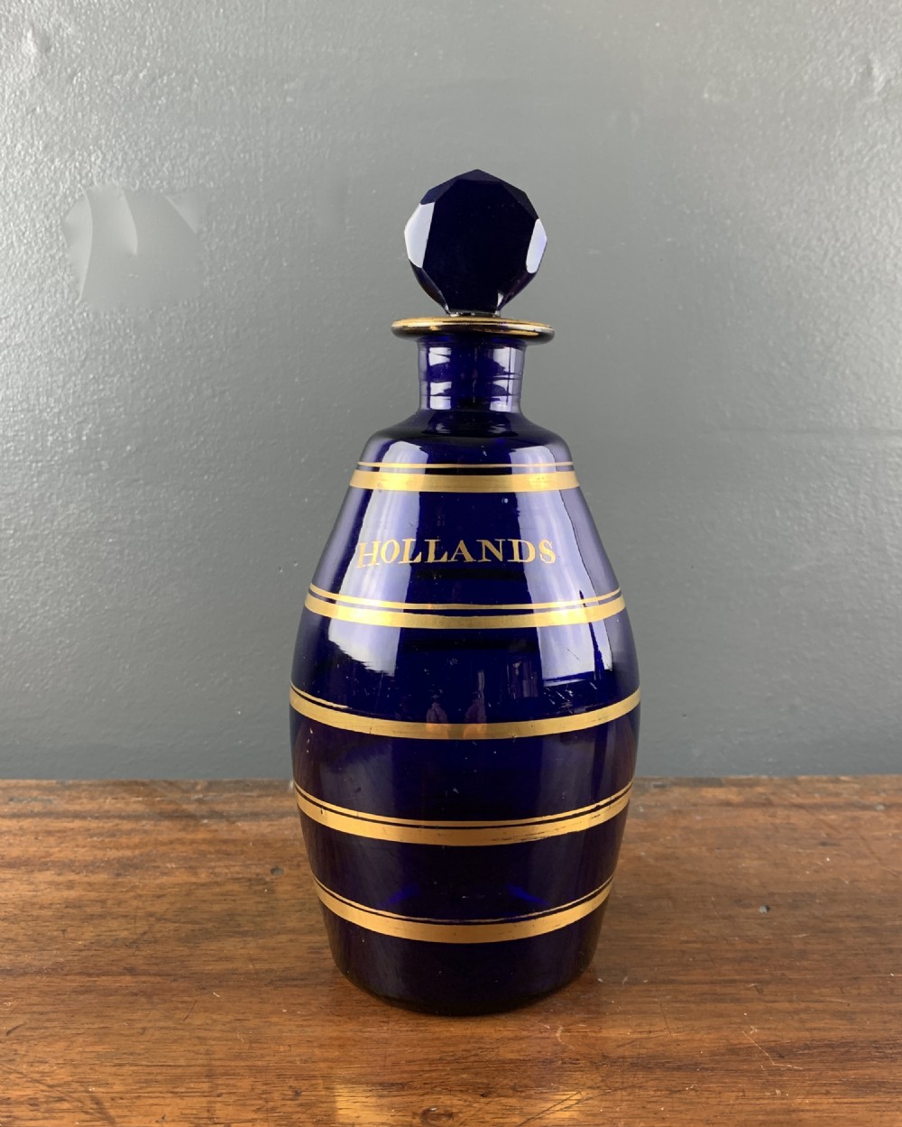 Georgian Bristol Blue Hollands barrel shaped decanter and stopper