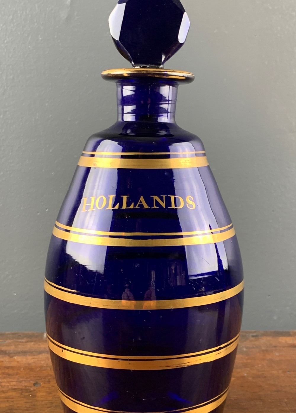 Georgian Bristol Blue Hollands barrel shaped decanter and stopper View II
