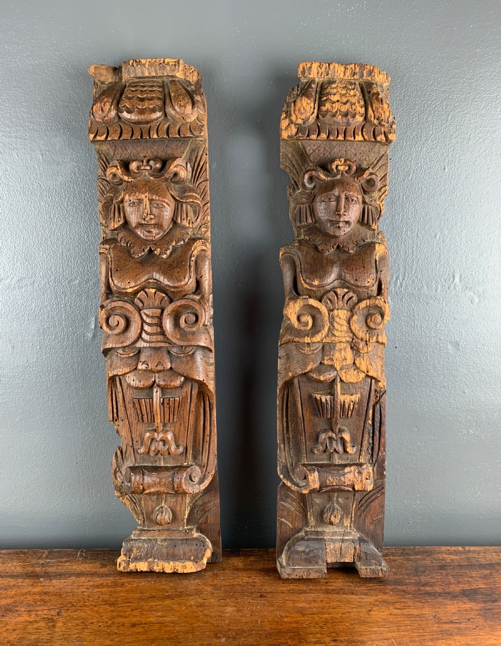 Pair of 16th century carved oak figural terms View II
