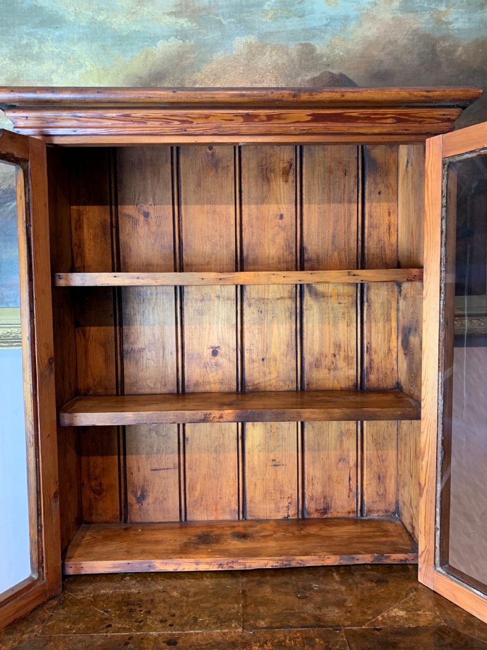 Victorian pitch pine glazed two door wall cabinet View V
