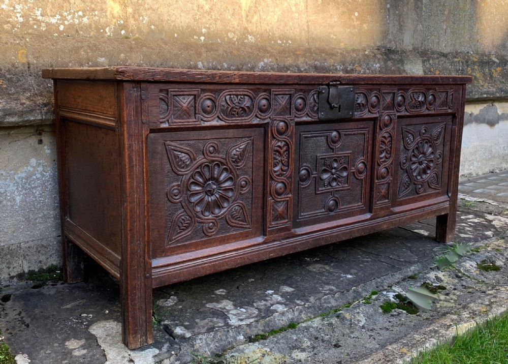 Early 18th century carved oak three panel coffer View II