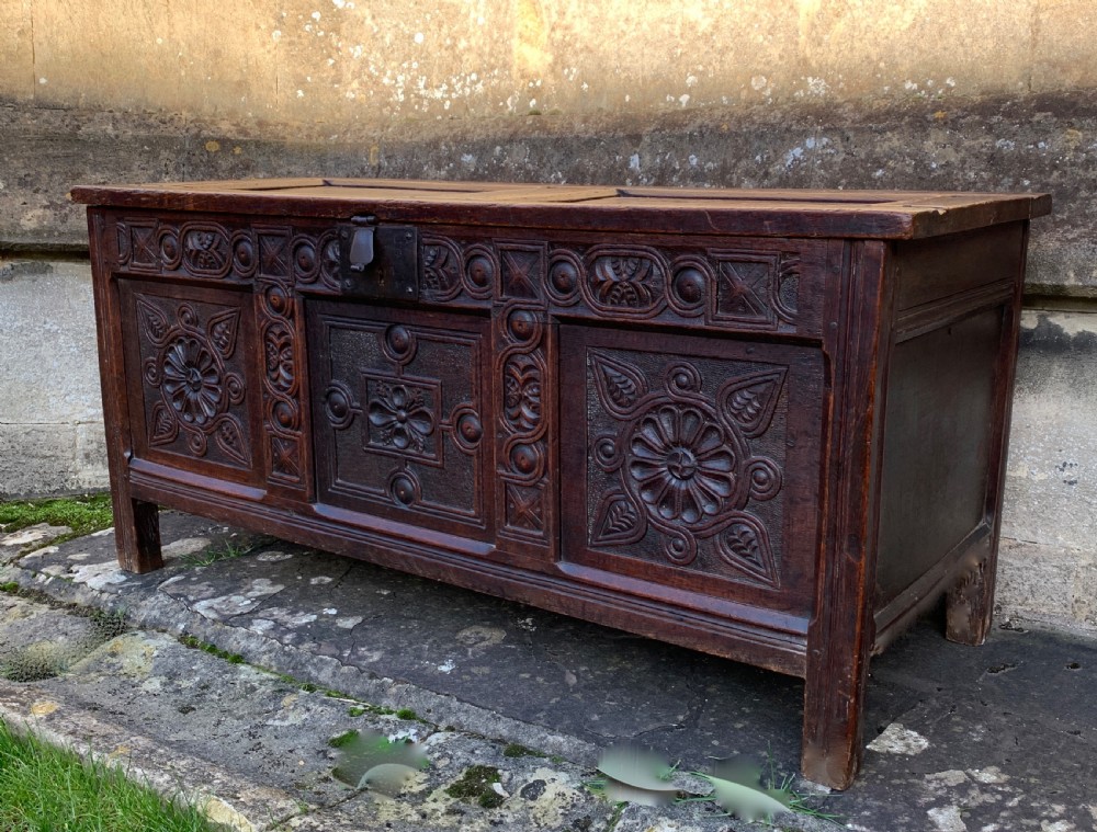 Early 18th century carved oak three panel coffer View VI
