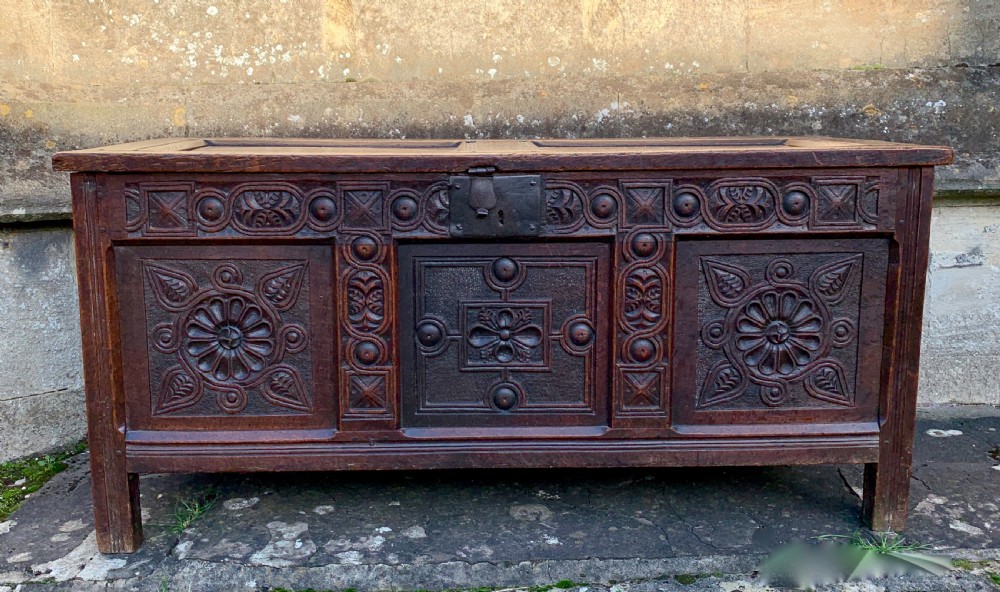 Early 18th century carved oak three panel coffer View VII
