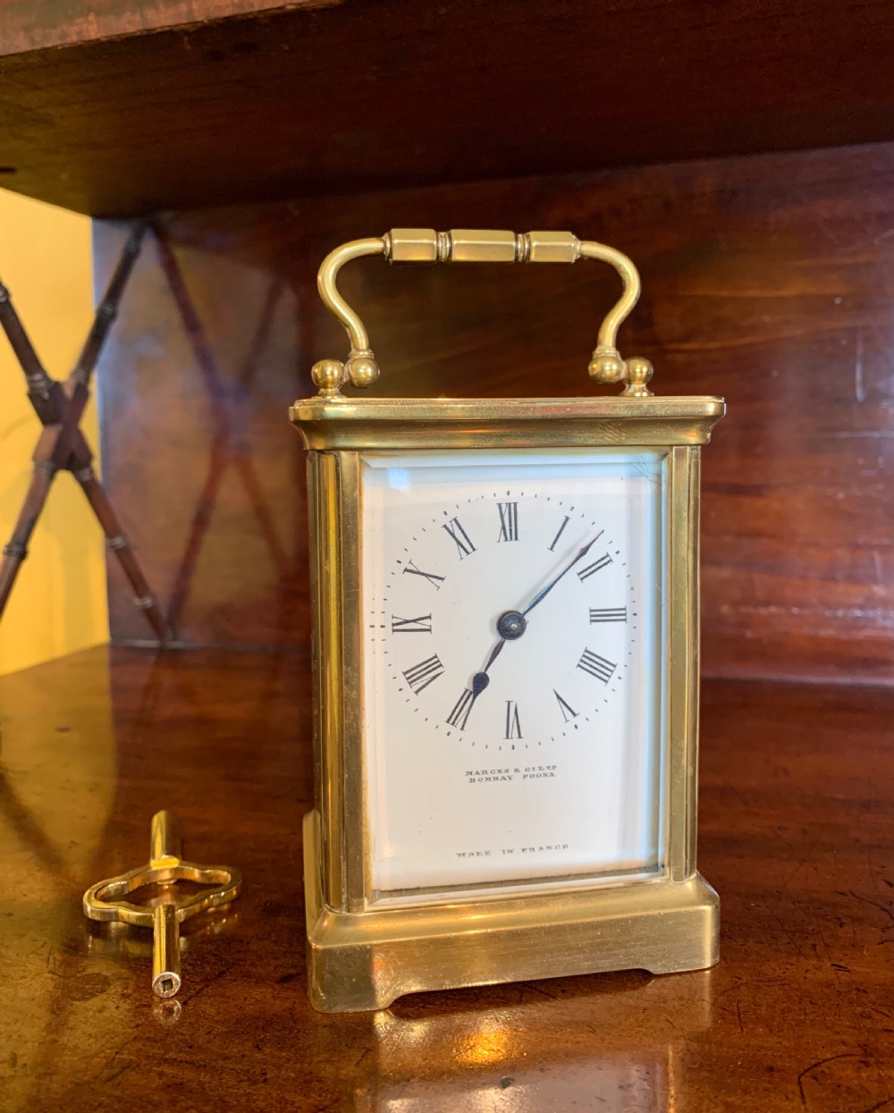 Antique French brass carriage clock by Marcks & Co Ltd Bombay & Poona View II