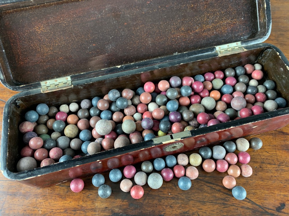 Quantity of Victorian Pottery Marbles in a Japanese lacquer box View II
