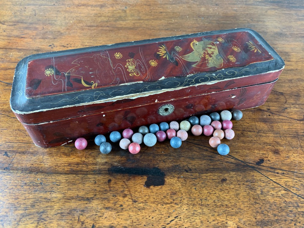 Quantity of Victorian Pottery Marbles in a Japanese lacquer box View III