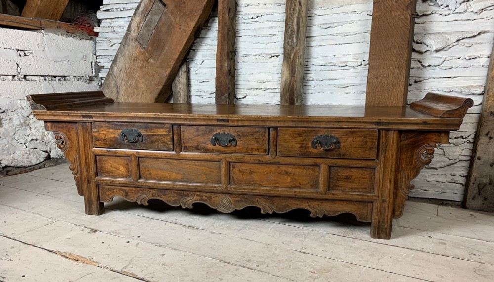 Antique Chinese elm low altar table, with drawers early 20th century View II