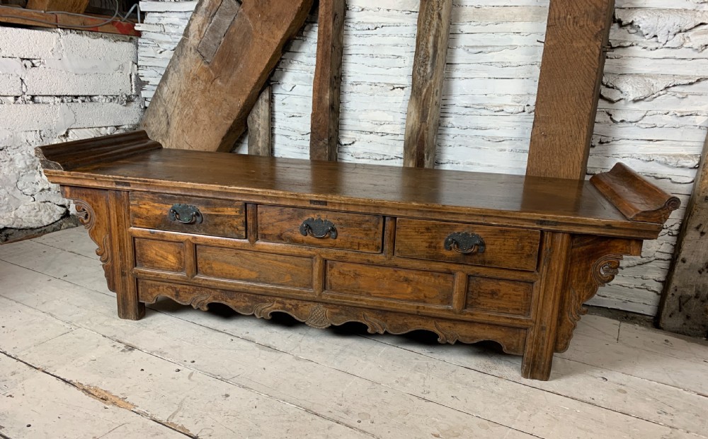Antique Chinese elm low altar table, with drawers early 20th century View III