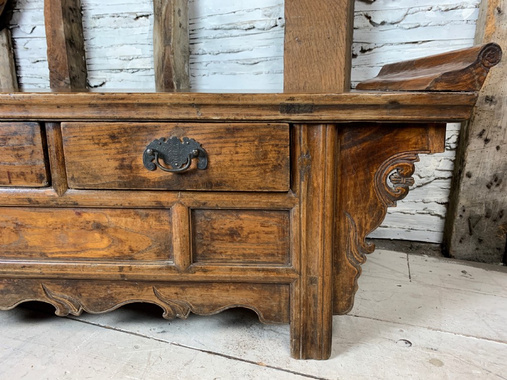 Antique Chinese elm low altar table, with drawers early 20th century View IV