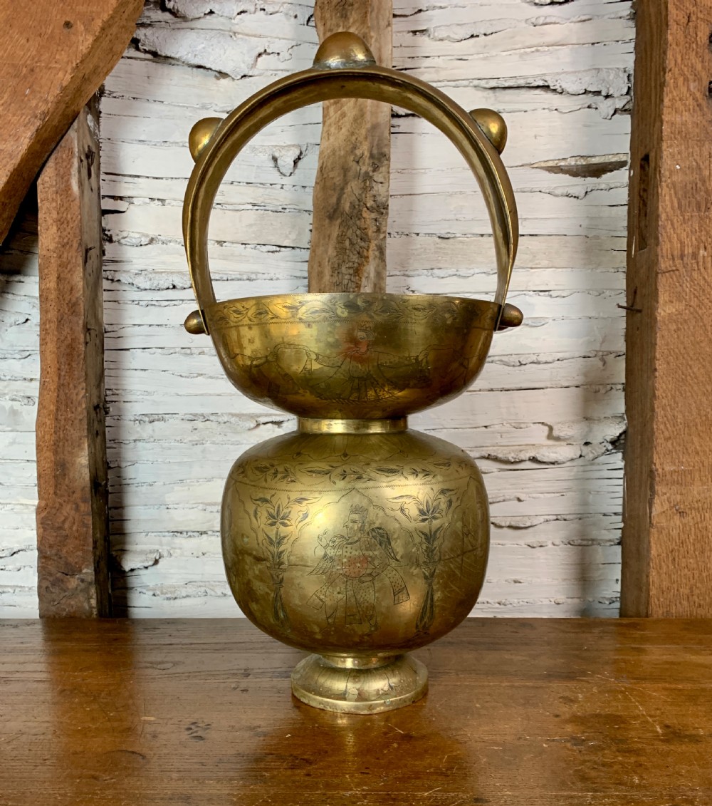Antique Indian engraved brass Kamandalu Holy water carrier