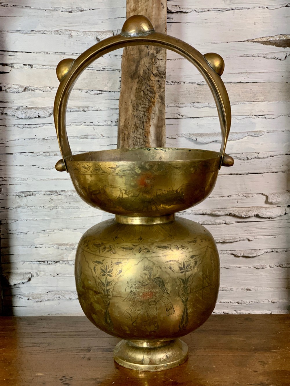 Antique Indian engraved brass Kamandalu Holy water carrier View II