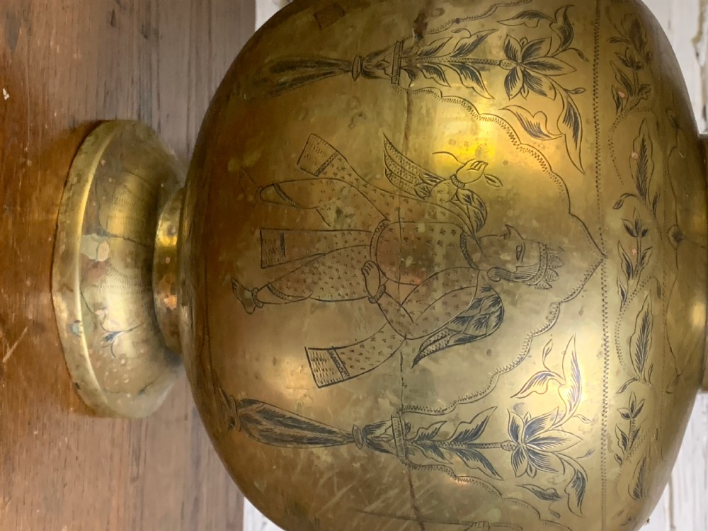 Antique Indian engraved brass Kamandalu Holy water carrier View III