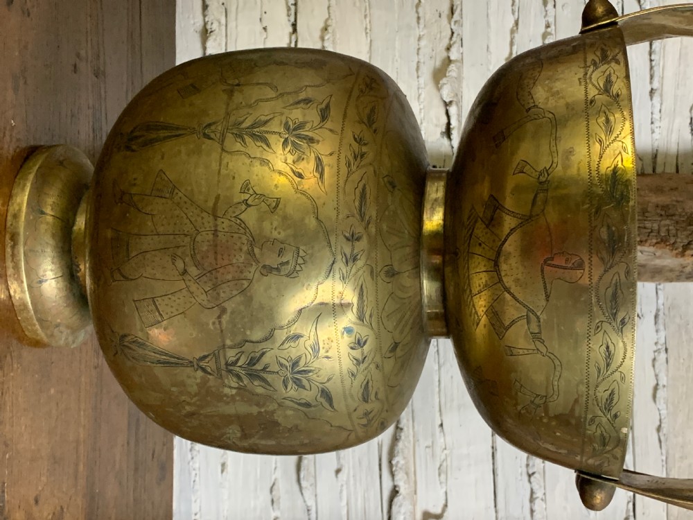 Antique Indian engraved brass Kamandalu Holy water carrier View IV