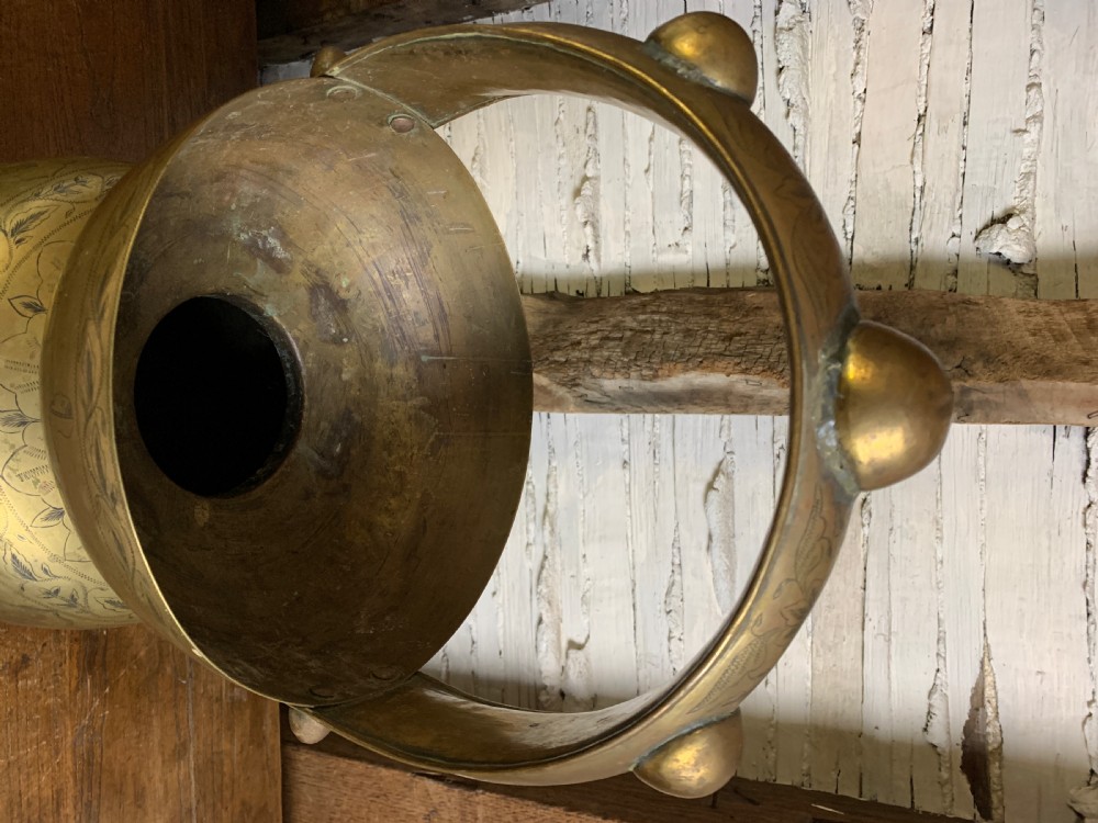 Antique Indian engraved brass Kamandalu Holy water carrier View VI