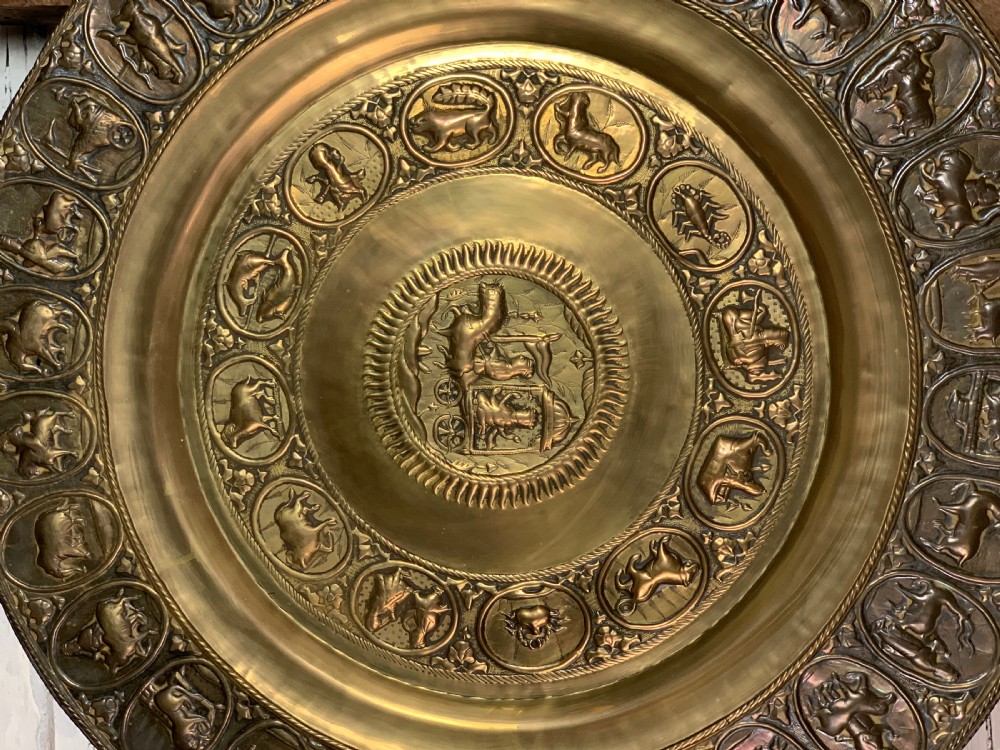 Antique Indian repousse brass Zodiac charger View II