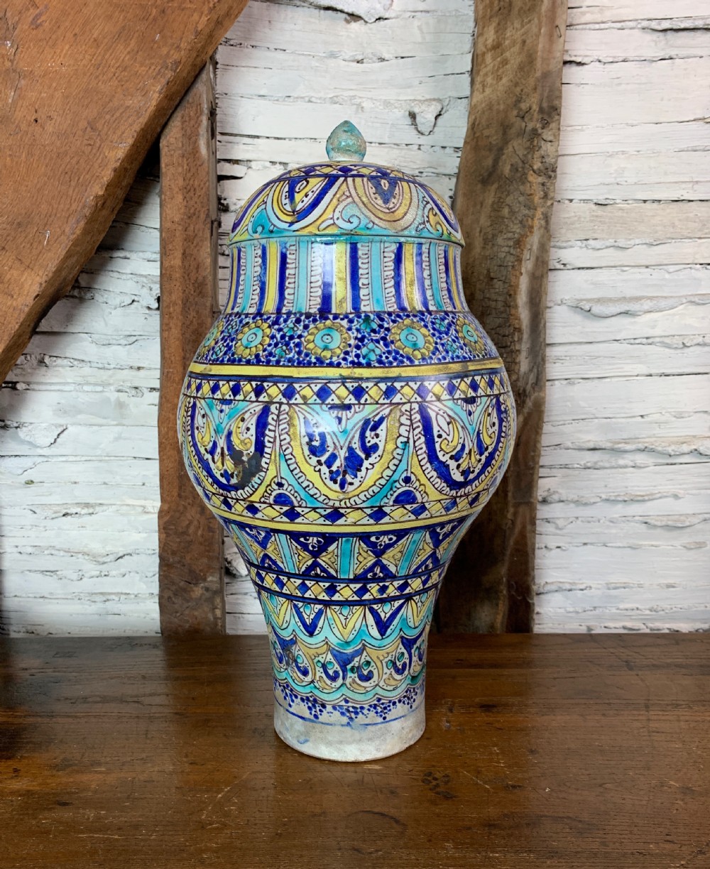 Antique Moroccan Fez pottery preserve jar and cover View II